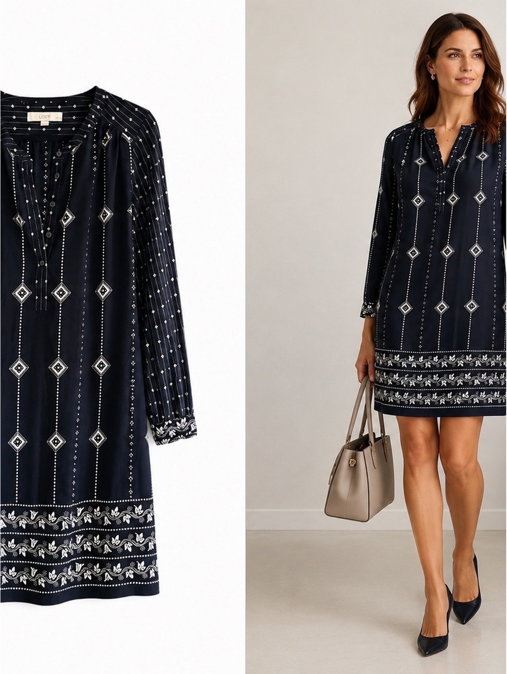 LOFT Navy Printed Shift Dress Tassel Tie Boho Mini Dress Medium